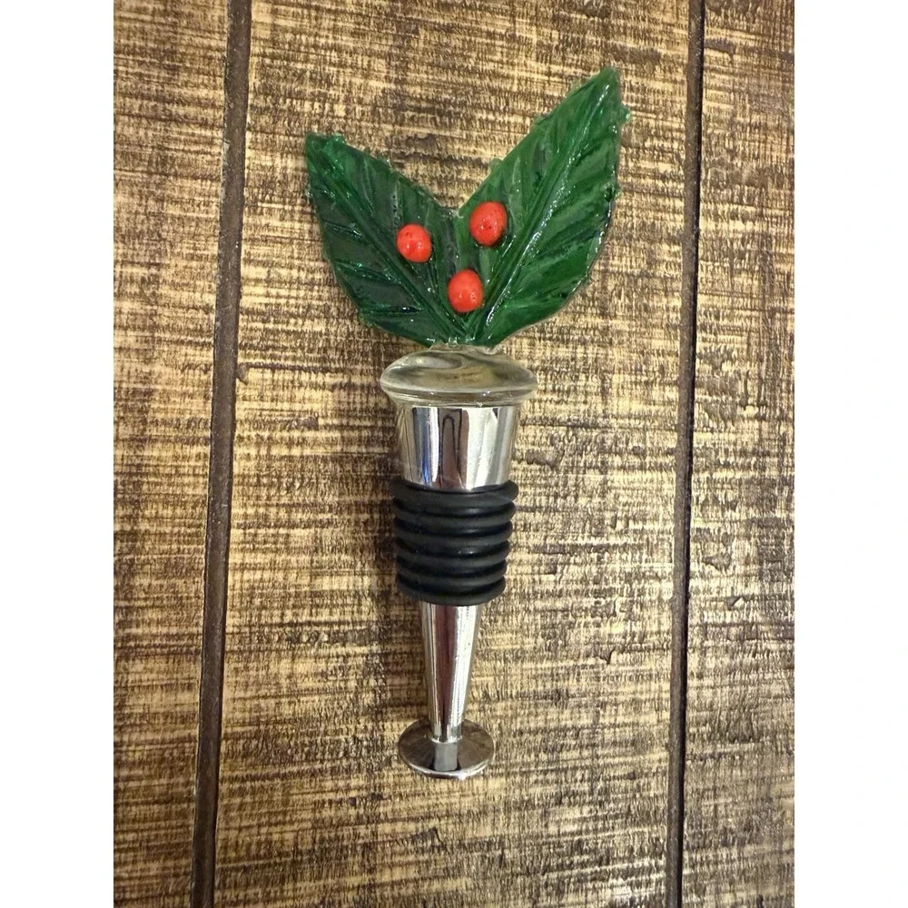 Blown Glass Holiday Holly Berries Bottle Stopper Christmas Beautiful Glass‎ Art